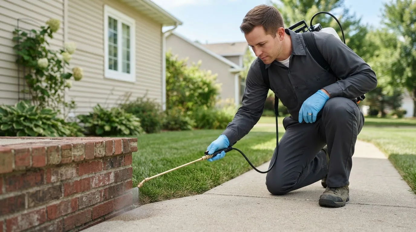Pest control technician treating a home near Grand Island, FL